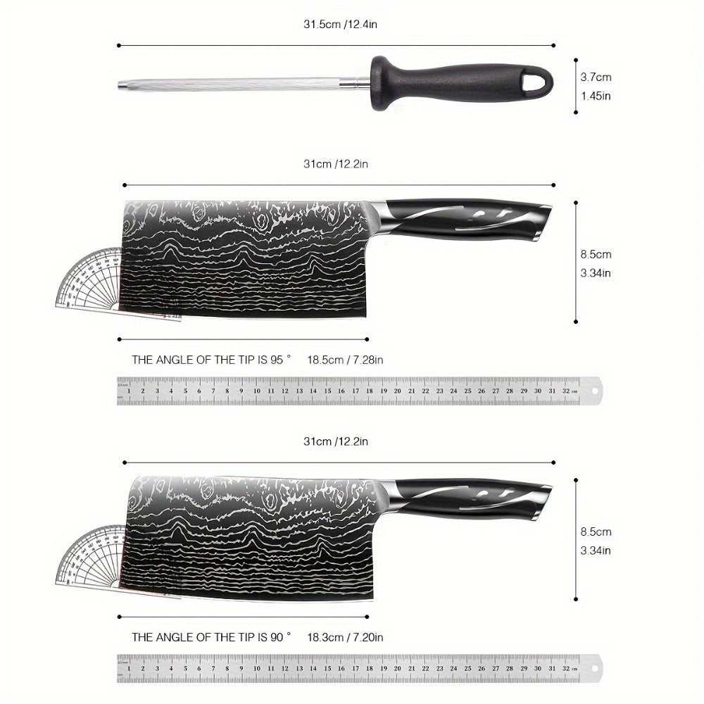 Kitchen Knife Set 7-Piece Damascus Pattern Stainless Steel with Universal Knife Block Holder – Chef Knife, Fruit Knife & Safety Knives Included, Non-Slip Handle