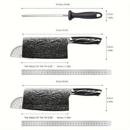 Kitchen Knife Set 7-Piece Damascus Pattern Stainless Steel with Universal Knife Block Holder – Chef Knife, Fruit Knife & Safety Knives Included, Non-Slip Handle