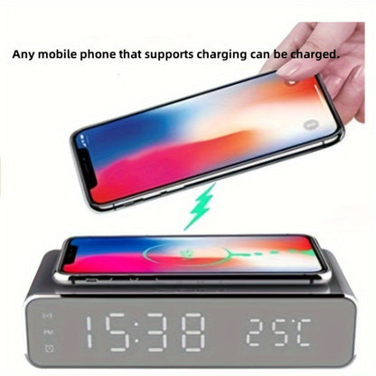 Wireless Charging Alarm Clock with Black or Silver-Tone Housing, Digital Time Display and Top Charging Surface