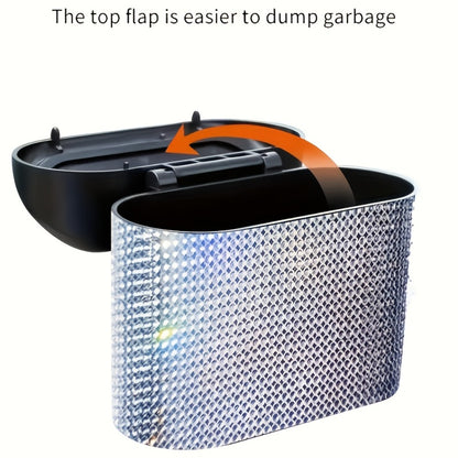 Car Trash Can with Lid & Rhinestone Bling – Hanging Leakproof Auto Garbage Bin with 2 Trash Bags, Concealed Interior Storage for Vehicle Door, Seat Back, Home & Office (3pcs Set)