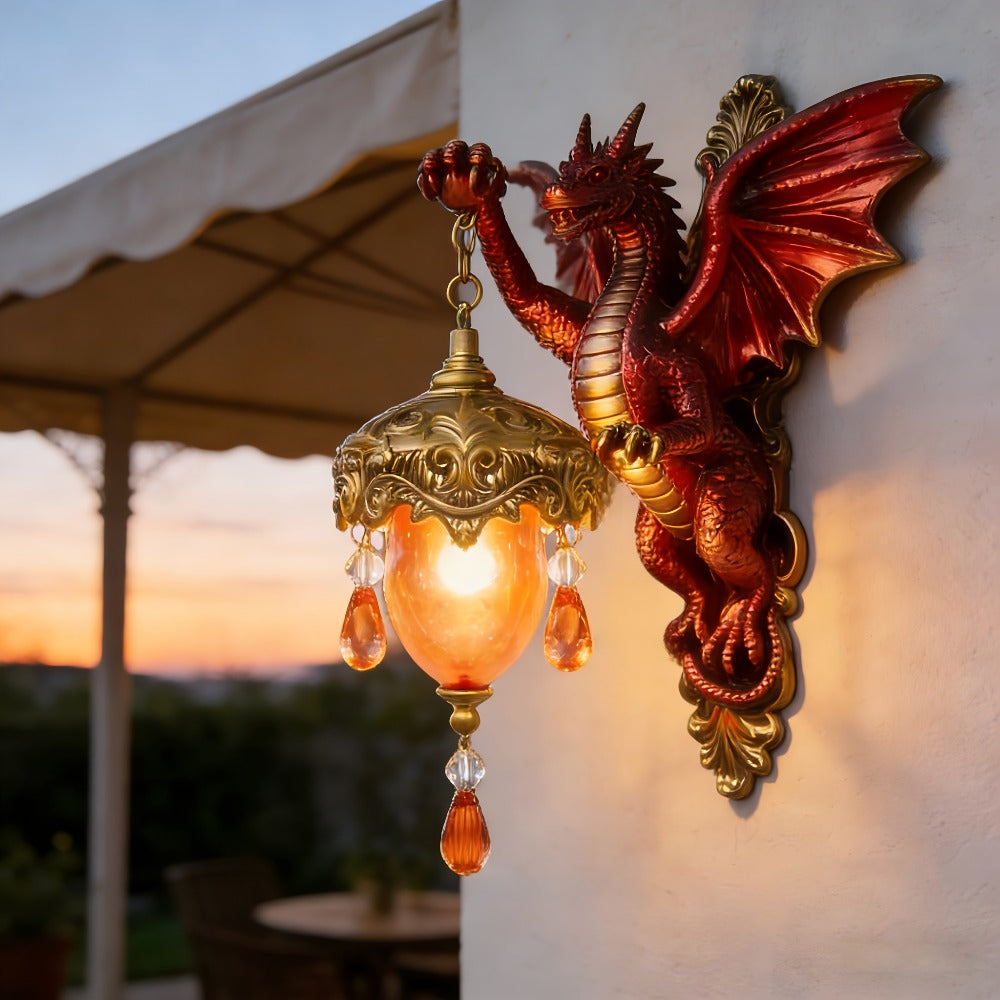 Red Dragon Wall Accent Light with Antique-Gold Lantern Shade and Amber Teardrop Decorations