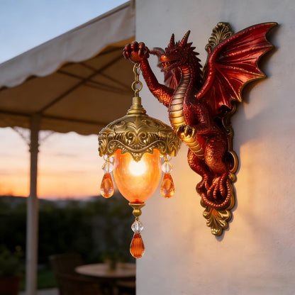Red Dragon Wall Accent Light with Antique-Gold Lantern Shade and Amber Teardrop Decorations