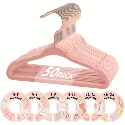 Baby Hangers Pink Velvet Non-Slip Nursery Closet Kids Clothes Hangers with Size Dividers for Infant Toddler Girls Boys 50/30pcs