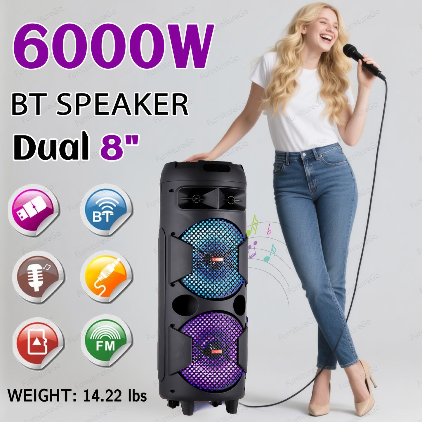 Portable Bluetooth Speaker Party Boombox with Dual Subwoofers, RGB, TWS and Up to 20 Hours Playback