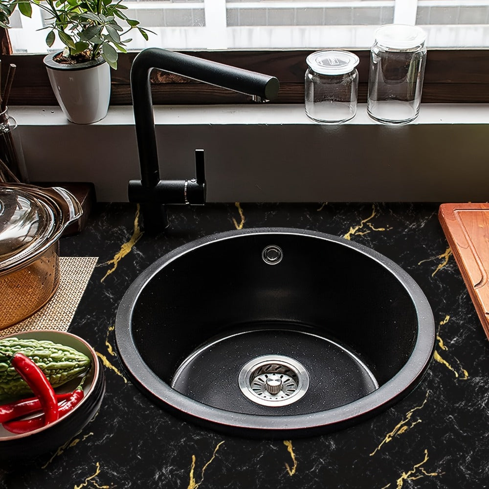 Black Marble Peel-and-Stick Contact Paper, 23.62 by 196.85 Inches, with Gold Vein Pattern for Furniture
