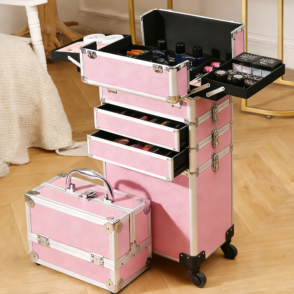 Four-in-One Rolling Makeup Case with Aluminum Frame, Swivel Wheels and Black, Pink or Silver Options