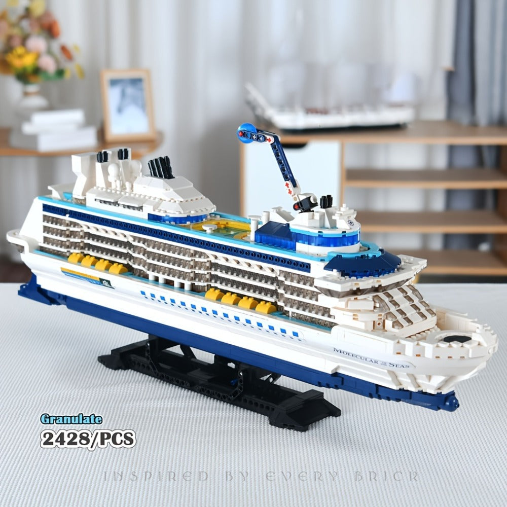 Cruise Ship Building Block Model with 2,428 Pieces, Display Stand, Support Frame and Detailed Deck Features