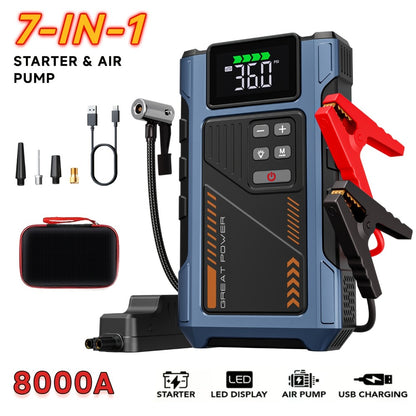 8000A Jump Starter with Air Compressor - 12V Portable Jump Box for Gas & Diesel Cars, USB Ports & LED Flashlight | Up to 8.0L Gas & 6.5L Diesel