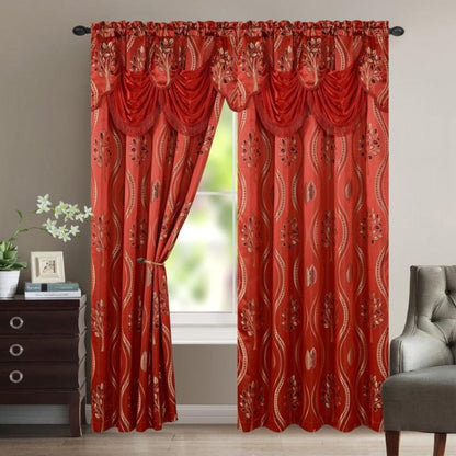 Two-Panel Jacquard Window Curtain Set with Attached Waterfall-Style Valance, 54 x 84-Inch Size and Four Colors
