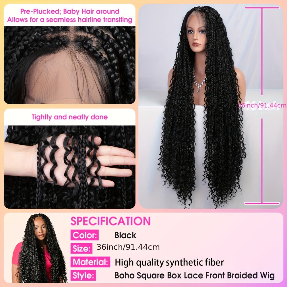 Thirty-Six-Inch Bohemian Square-Braid Wig with Curly Ends and Four Black, Blonde or Burgundy Options