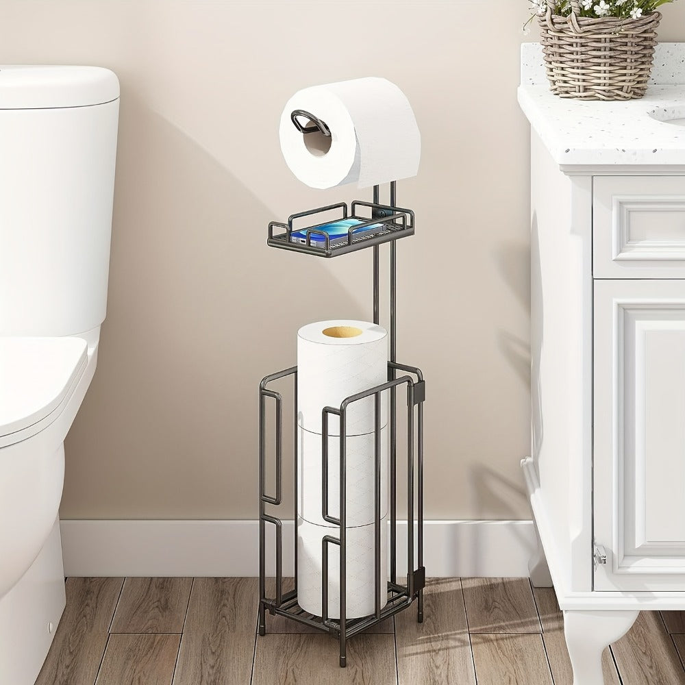 Freestanding Toilet Paper Holder with Square Reserve-Roll Cage, Upper Shelf and Single or Two-Pack Options