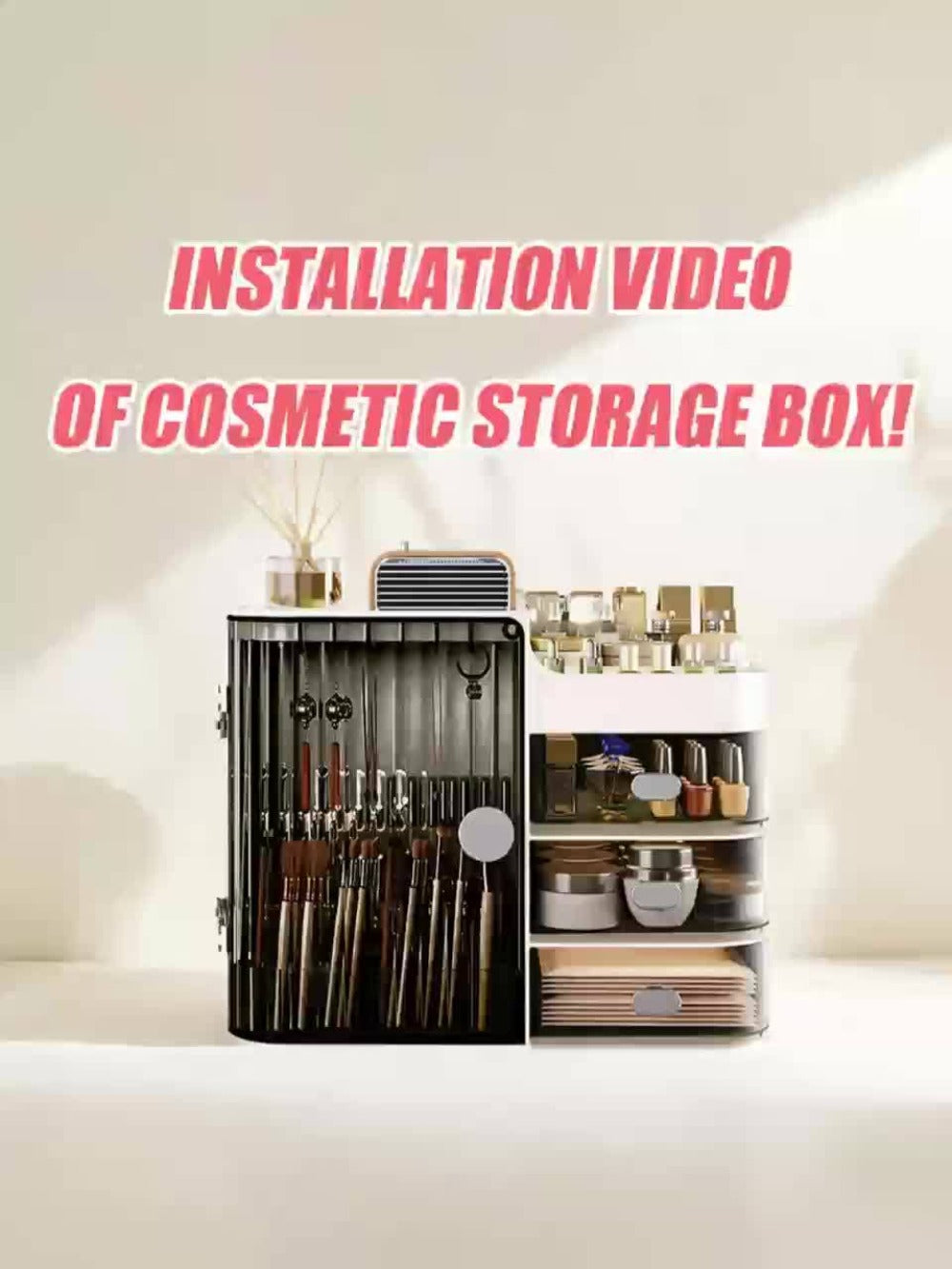 Three-Drawer Makeup Organizer with Mirror in Transparent Black or Cream White Large Checkout Options