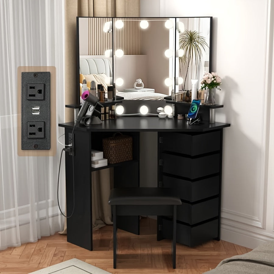 Vanity Desk shown in the Black, Swivel drawer with socket option