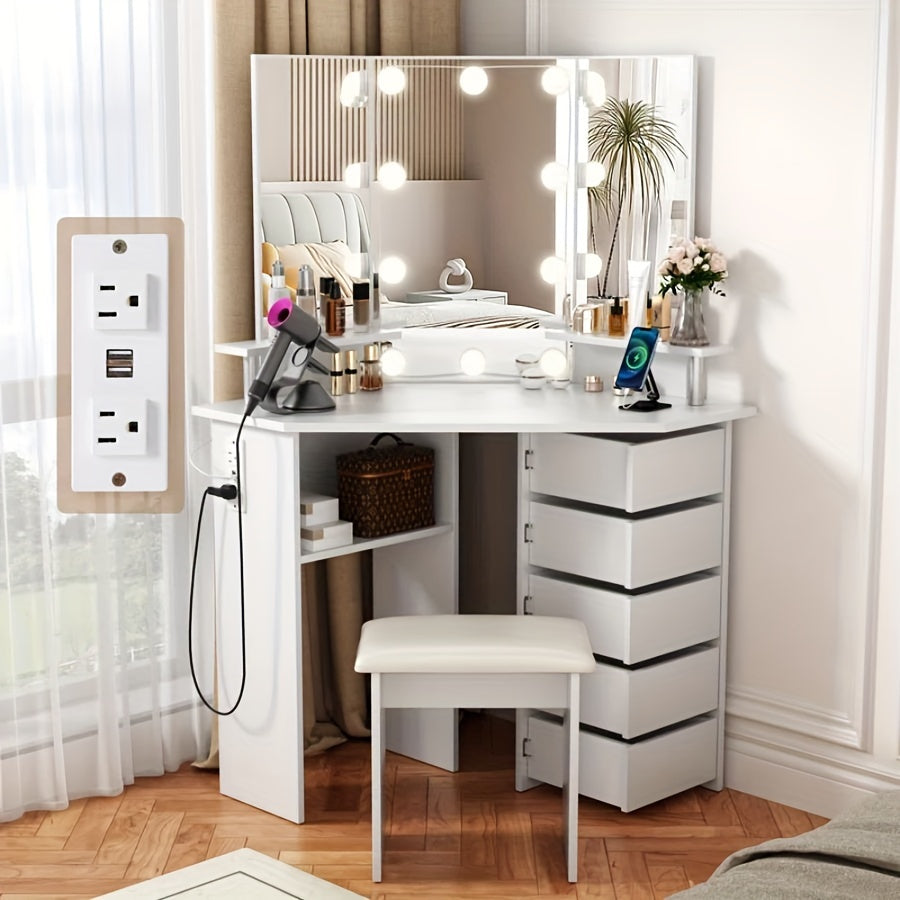 Vanity Desk shown in the White, Swivel drawer with socket option