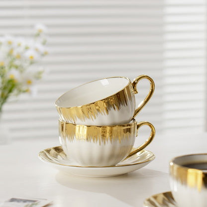 European-Style Coffee Cup and Saucer Set, Six 250 ml White and Gold-Trim Place Settings for Tea and Espresso
