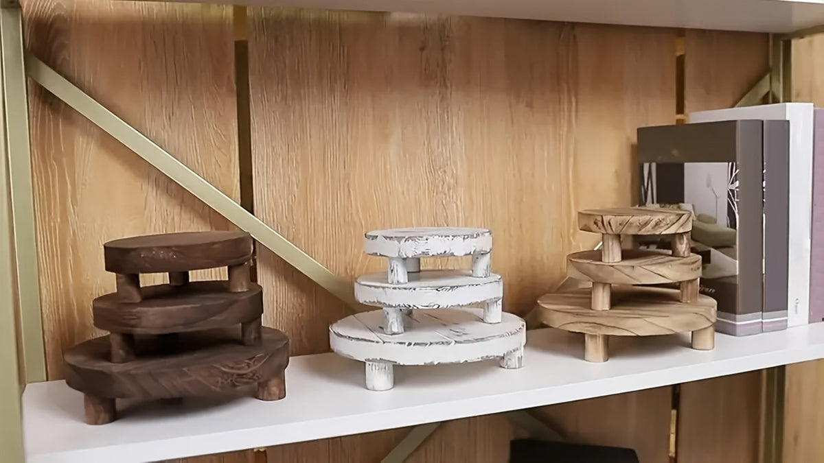 Wooden Display Riser Stands 3pcs Set Rustic Multi-Tier Cake Stand with Sleek Legs - Natural for Entryways, Bedrooms and Living Spaces