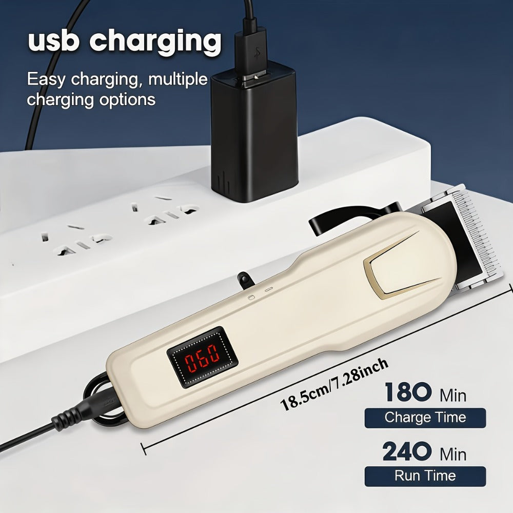 USB Rechargeable Hair Clipper for Men with LCD Display — Professional Large-Capacity Battery Clipper, Reinforced White Design, Home Salon & Travel Essential, Gift for Dad & Son