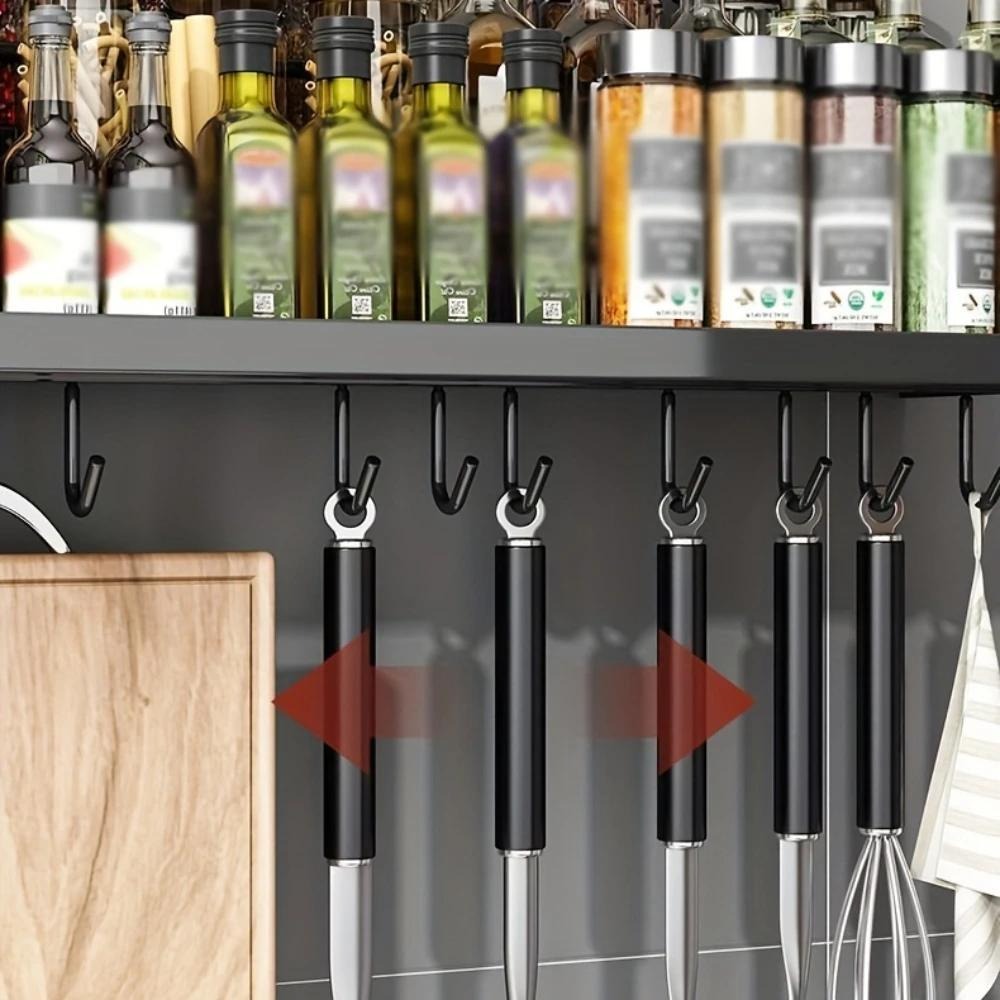 Kitchen Wall Mounted Storage Rack Double Layer – No-Drill Organizer with Knife Slots, Chopstick Holder & Towel Bar, Space-Saving Floating Shelf for Kitchen Counter, 19.69 Inch (Black)