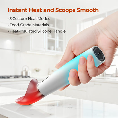 Electric Heated Ice Cream Scoop USB-C Rechargeable with 3 Temperature Settings 120°F 140°F 160°F IPX7 Waterproof Ergonomic Handle Gift for Ice Cream Lovers