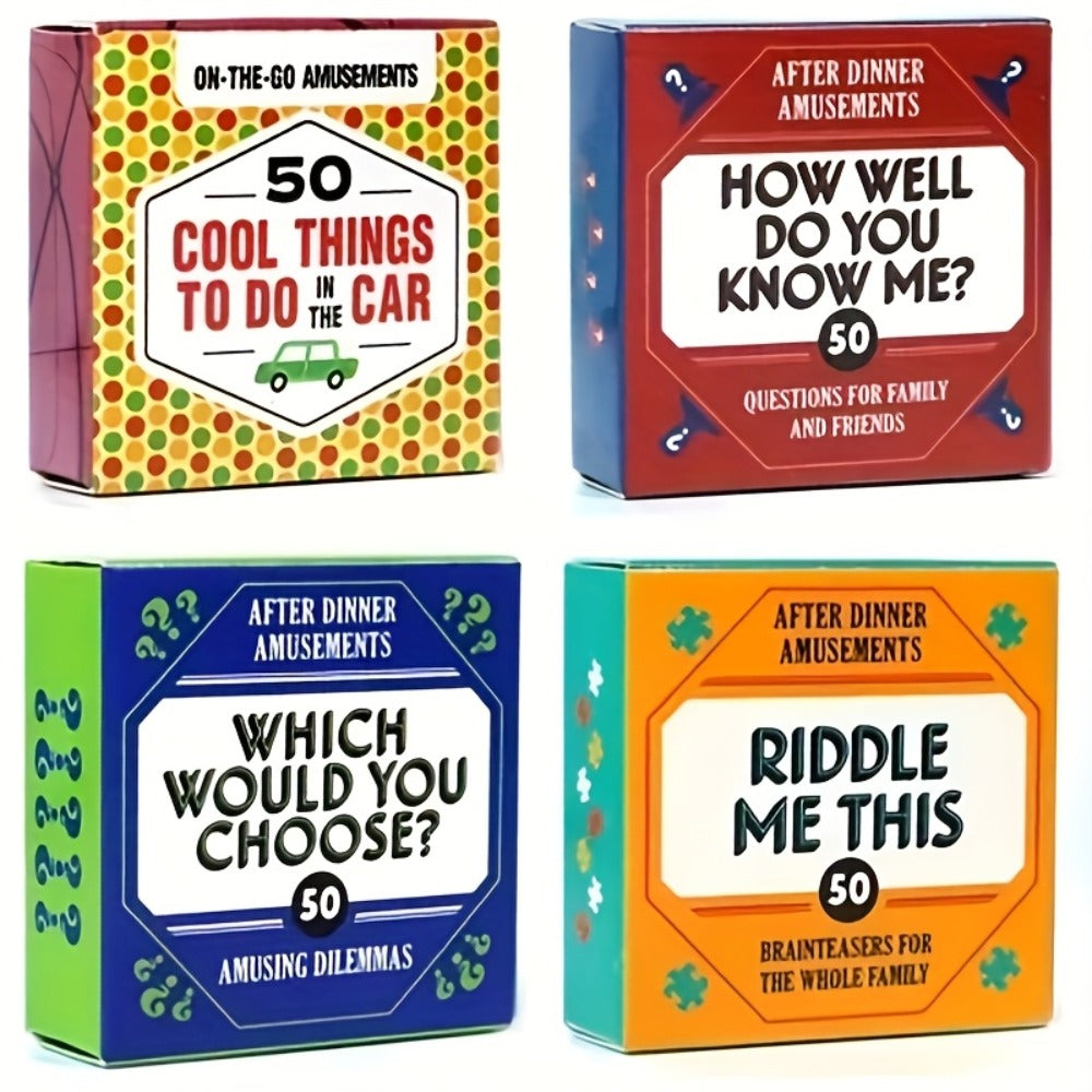 After Dinner Amusements Card Game Set with Four Mini Boxes and 200 Total Prompts Across Four Themes
