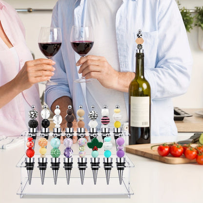 Twenty-Piece Beadable Wine Bottle Stopper Set with Silver-Tone Stems and Clear Two-Tier Display Rack