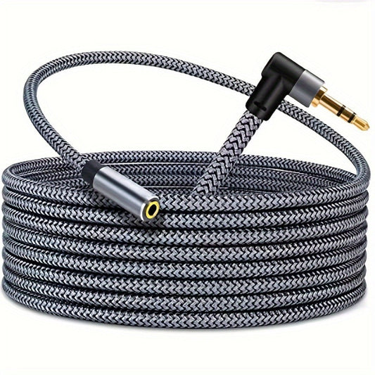 Nylon Braided 3.5mm Male to Female Audio Extension Cable Right-Angle Connectors Lossless Sound AUX Cable Compatible with Smartphones Speakers Car Stereo Headphones Tablets Laptops Hi-Fi Audio Systems
