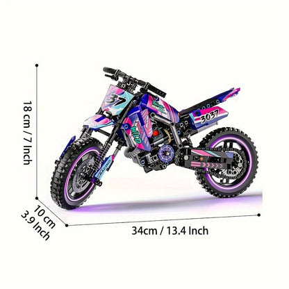 Building Block Set Off-Road Motorcycle Model, 476-Piece Purple and Black Bike with Display Dimensions and Instructions
