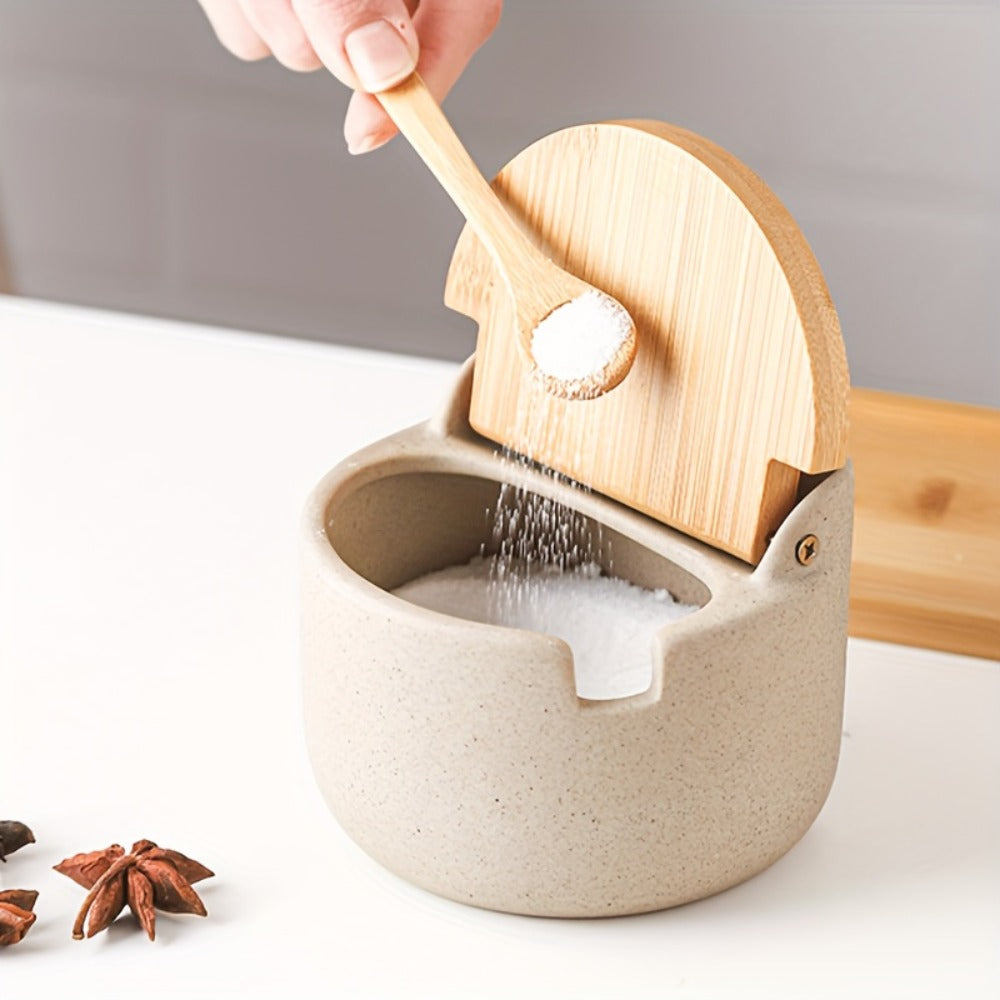 Ceramic-Style Seasoning Pot Set with Lids, Spoons and Tray in One-, Two- or Three-Piece Configurations
