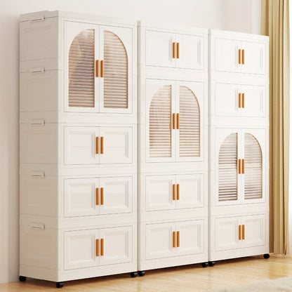 Portable Folding Wardrobe Cabinet with Caster Wheels, Hanging Section and Two Exact Layer Options