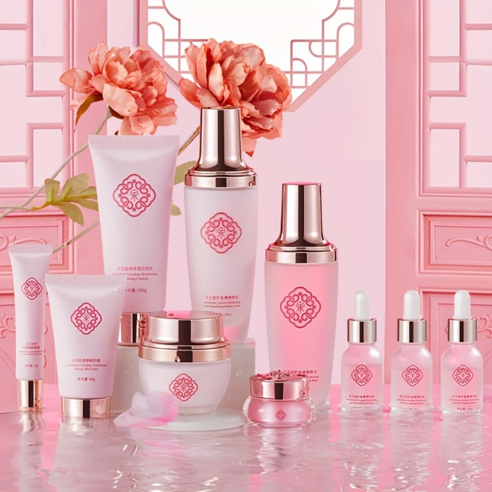 10-Piece Botanical Skincare Gift Set with Coordinated Bottles, Jars and Tubes in a Pink Presentation Box