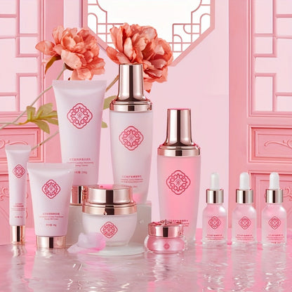 10-Piece Botanical Skincare Gift Set with Coordinated Bottles, Jars and Tubes in a Pink Presentation Box