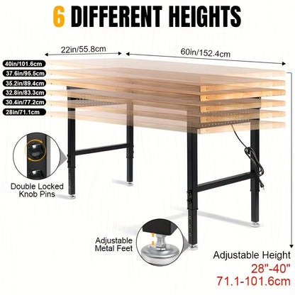 Adjustable 28–40-Inch Wood-Top Workbench in 60- or 96-Inch Widths with Pegboard, Wheels and Power Strip