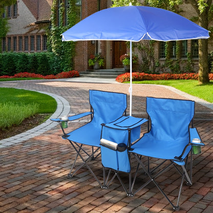 Folding Fishing Chair with Sun Umbrella – 2-Seat Portable Outdoor Chair, Iron Alloy Frame & Oxford Fabric, Built-In Storage Bag & Carry Bag, for Beach, Patio, Camping & Sunbathing, 4 Colors