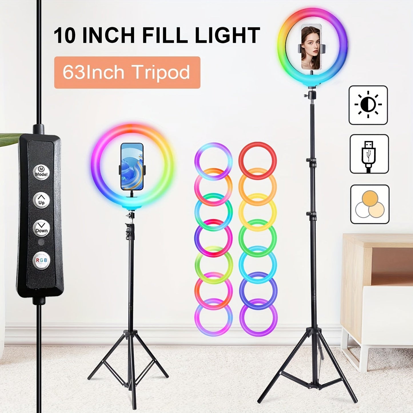 Dimmable 10 Inch Ring Light with 43"/63" Extendable Tripod & Phone Holder – RGB & Standard LED Circle Light for Selfie, Makeup, YouTube, Vlogging & Live Streaming