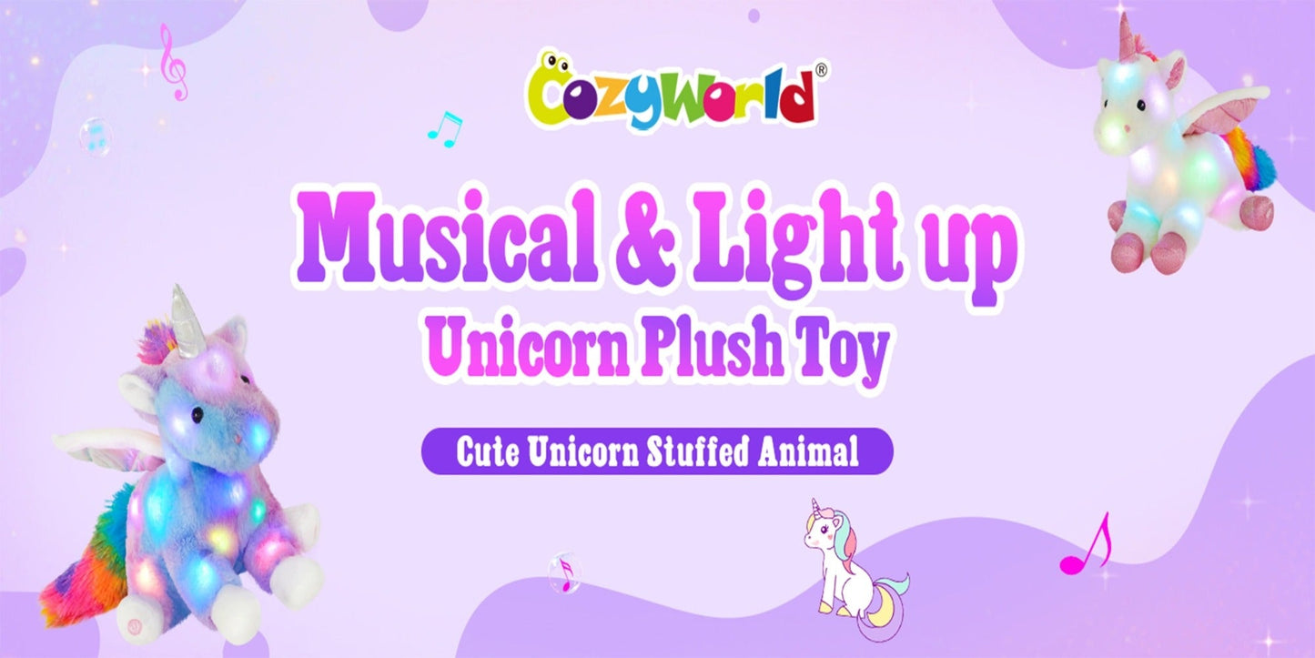 Plush Toy Rainbow Unicorn with LED Glow and Choice of Music or No-Music Light-Up choices for Bedtime