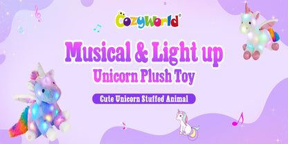 Plush Toy Rainbow Unicorn with LED Glow and Choice of Music or No-Music Light-Up choices for Bedtime