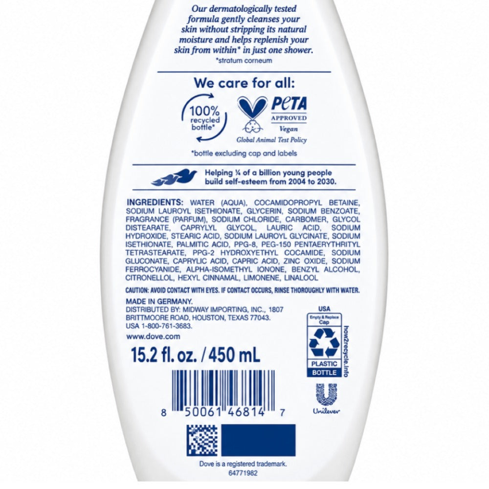 Three-Pack Dove Gentle Pamper Body Wash with 450ml Flip-Cap Bottles and Matching Front Labels
