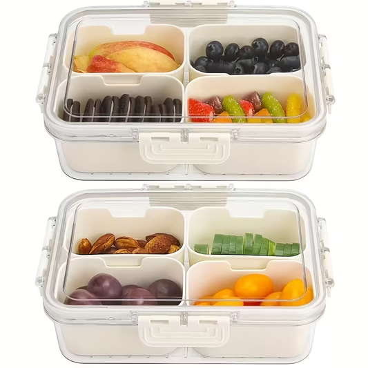 Food Storage Container Snack Tray Two-Pack with Four or Eight Removable Compartments and Snap Lids