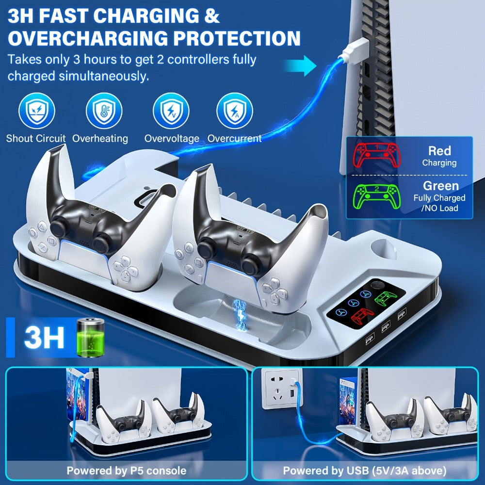 Black Console Cooling Stand Compatible with PS5, Slim and Pro Models, Three Fan Speeds and Dual Controller Dock