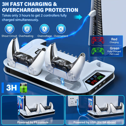 Black Console Cooling Stand Compatible with PS5, Slim and Pro Models, Three Fan Speeds and Dual Controller Dock