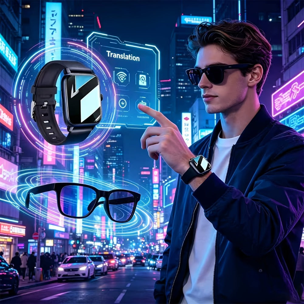 AI Translation Smart Glasses and Smartwatch Set 2026 Real-Time Multi-Language Photo Translation Built-In Mic Speaker Calling Music Full Touch Wearable Tech Bundle Men Women Black Pink Silver