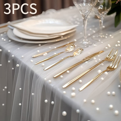 Three-Piece White Pearl-Beaded Tulle Table Runner Set, 2.5 x 9.8 Feet Each for Event Tables