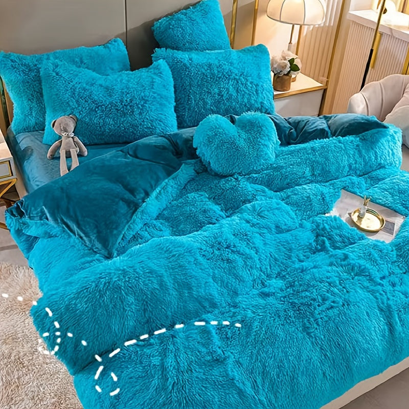 Plush Four-Piece Duvet Cover Set with Bed Sheet, Two Pillowcases, Queen or King Size and Eight Colors