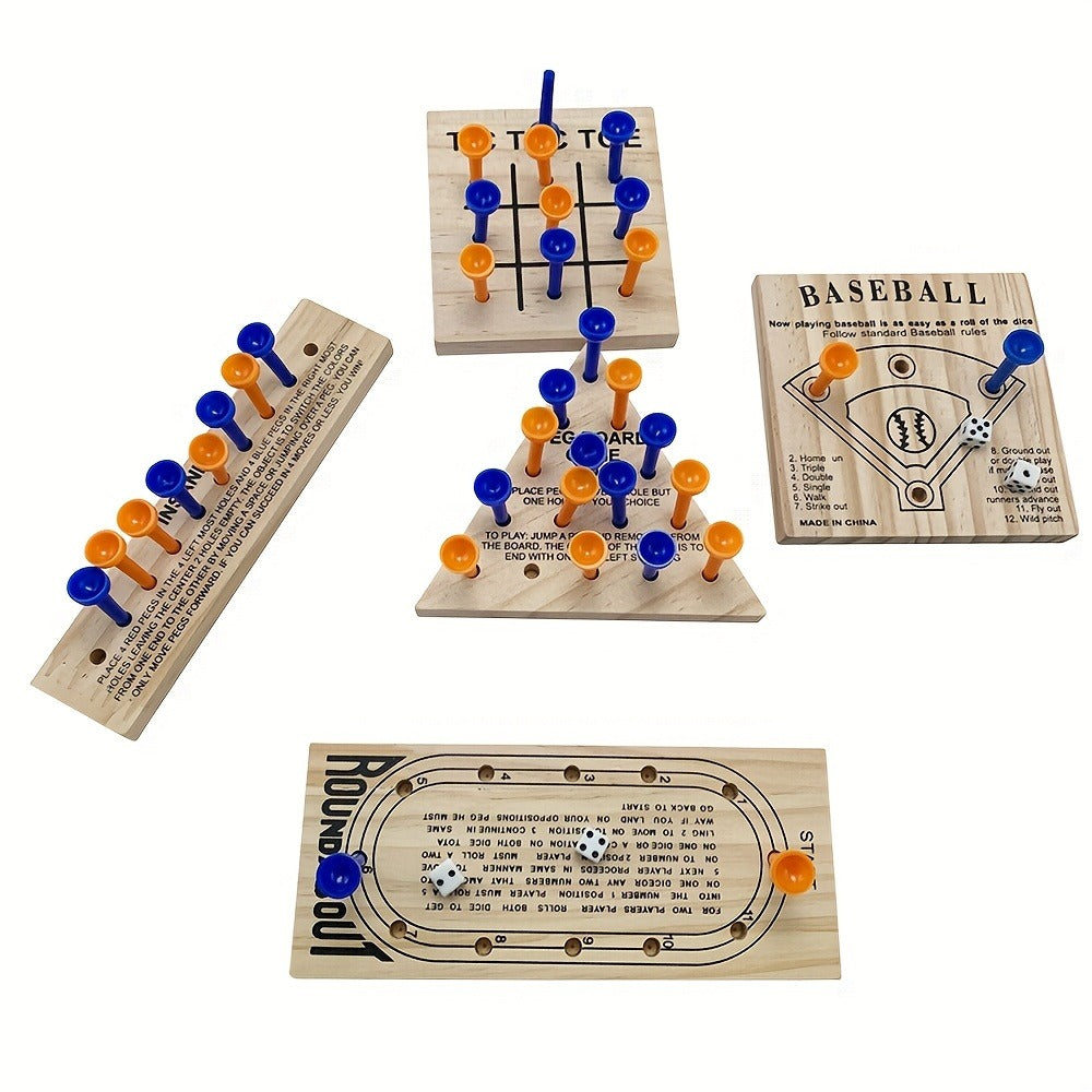Five-Game Wooden Tabletop Set with Peg Boards, Dice and Playing Pieces for Adult Strategy and Family Game Nights