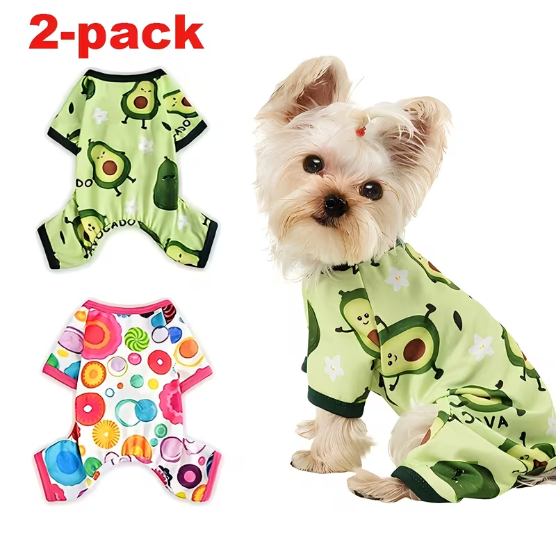 Two-Piece Dog Pajama Set with Mixed Printed Short-Sleeve Jumpsuits in Six XS–XXL Sizes for Small Pets
