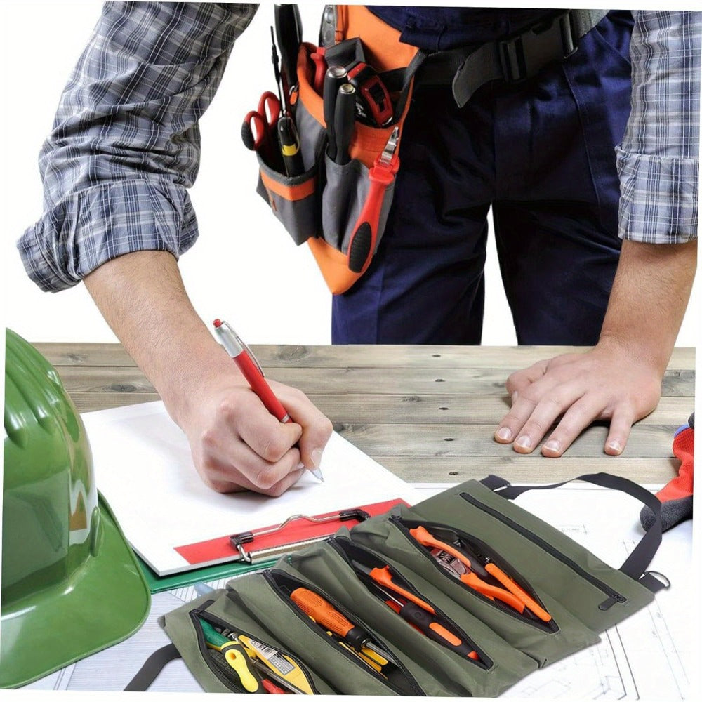 Collapsible Tool Roll Organizer Bag in Green or Black with Multiple Pockets and Carry Handles
