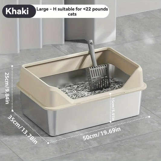 Oversized Stainless Steel Cat Litter Box with Lid – High Walls Non-Stick Leakproof, Includes Litter Scoop, XL & XXL in Khaki Gray Black