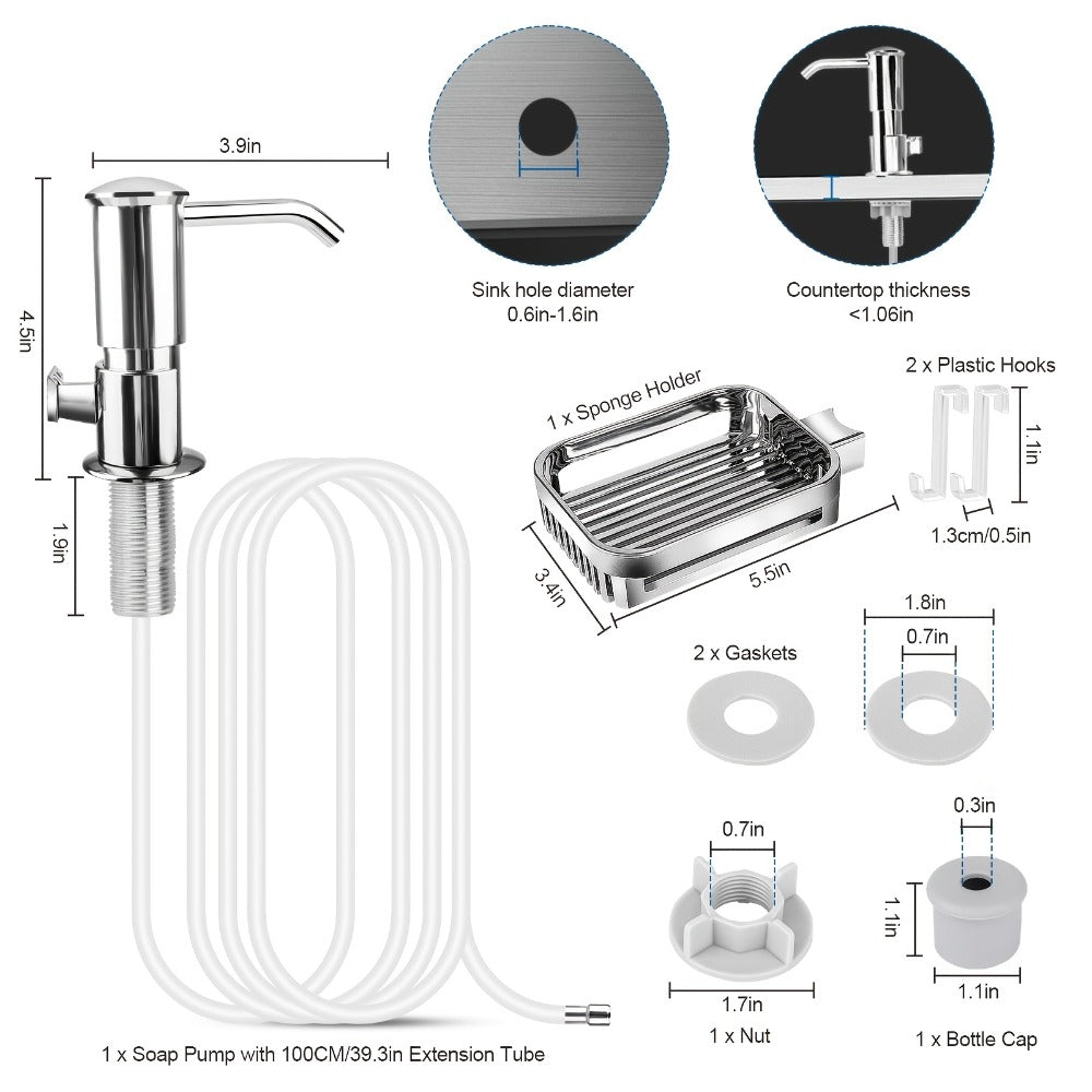 Counter-Mount Soap Dispenser Set with Sponge Holder, 39-Inch Extension Tube and 24-40 mm Hole Fit