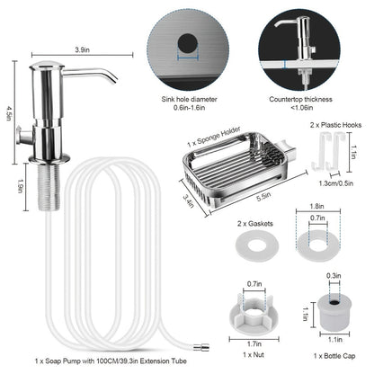 Counter-Mount Soap Dispenser Set with Sponge Holder, 39-Inch Extension Tube and 24-40 mm Hole Fit