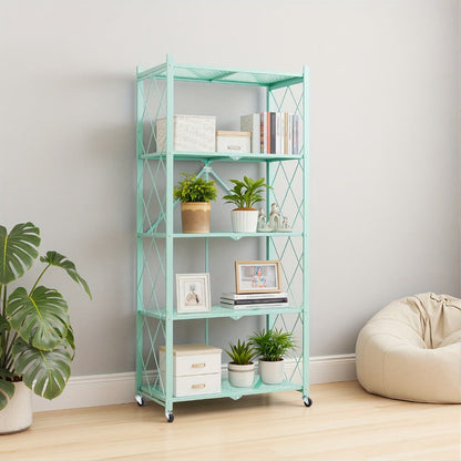 Foldable Storage Rack with Lockable Wheels 3 4 5 Tier Carbon Steel No Assembly Space Saving Floor Standing Shelf for Bedroom Balcony Garden